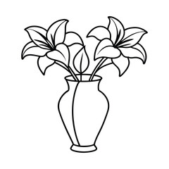 A stylized line art drawing of a traditional flower vase with two blooming lilies