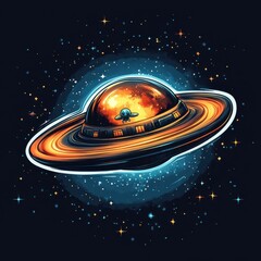Colorful alien spaceship orbiting Saturn in a vibrant cosmic backdrop with stars in the background