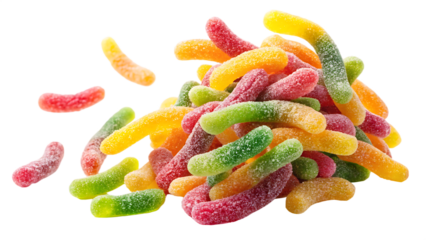  Falling sour gummy worms  isolated on white background. png