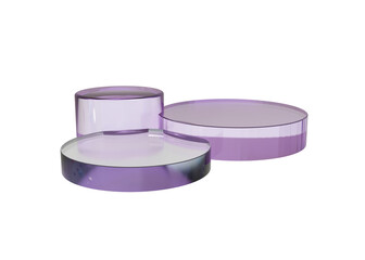 Set of 3d glass transparent clear cylinder stand podium on transparent background. Crystal cylinder mockup, pedestal platform for product showcase.