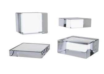 Transparent glass cubes on transparent background. Set of 3D glass cubes in clear tones with smooth reflective surfaces. Crystal square platform, plastic pedestal for product presentation