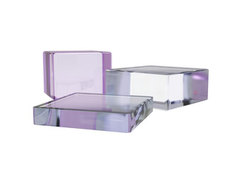 Transparent glass cubes on transparent background. Set of 3D glass cubes in pink and clear tones with smooth reflective surfaces. Crystal square platform, plastic pedestal for product presentation