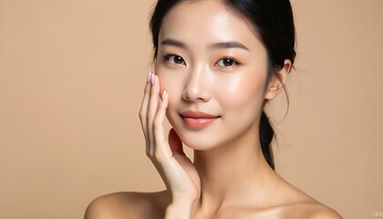 Young asian woman with healthy fresh skin on beige background. Female touches face gently smiling. Beauty, skincare, cosmetology, spa, face care treatment concept.