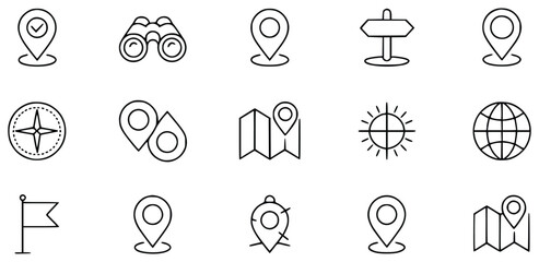 Minimalist Line Art Of Travel And Navigation Icons For Mapping And Exploration