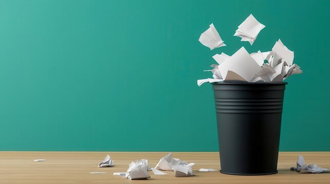 Torn pieces of paper scattered around a trash can in a quiet office room, representing a stressful day at work
