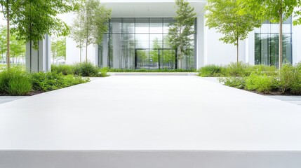 A wide, bright white plaza leads to a modern building. Green landscaping flanks the pathway. The building features large glass windows and doors. The image is high-quality, well-lit, and features a