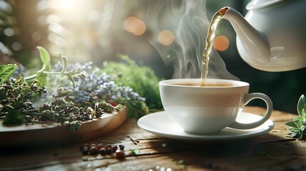 Elegant Tea Moments: Artistic Teapots and Cups with Steaming Tea in Warm, Cozy Ambiance