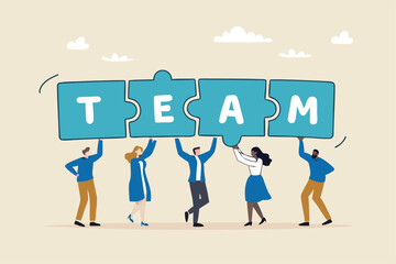 Team puzzle jigsaw connect, teamwork solving problem or cooperation for team success, collaboration idea, colleague work together concept, business people coworker help connect team jigsaw.