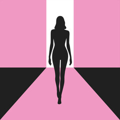 Silhouette of a woman walking a fashion runway in pink and black./A stylized silhouette of a woman walking a fashion runway.