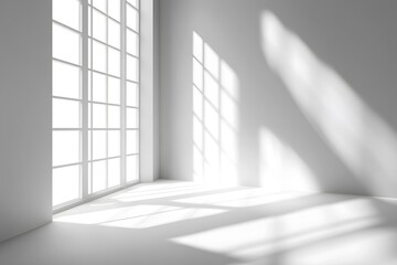 Bright light streams through a large window into an empty white room.
