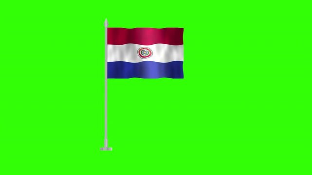 Flag of Paraguay, Pole flag of Paraguay on Green screen chroma key, Paraguay 3D Animation flag waving in the wind isolated on Green Background. 
