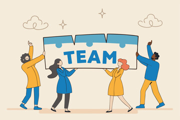 Team puzzle jigsaw connect, teamwork solving problem or cooperation for team success, collaboration idea, colleague work together concept, business people coworker help connect team jigsaw.