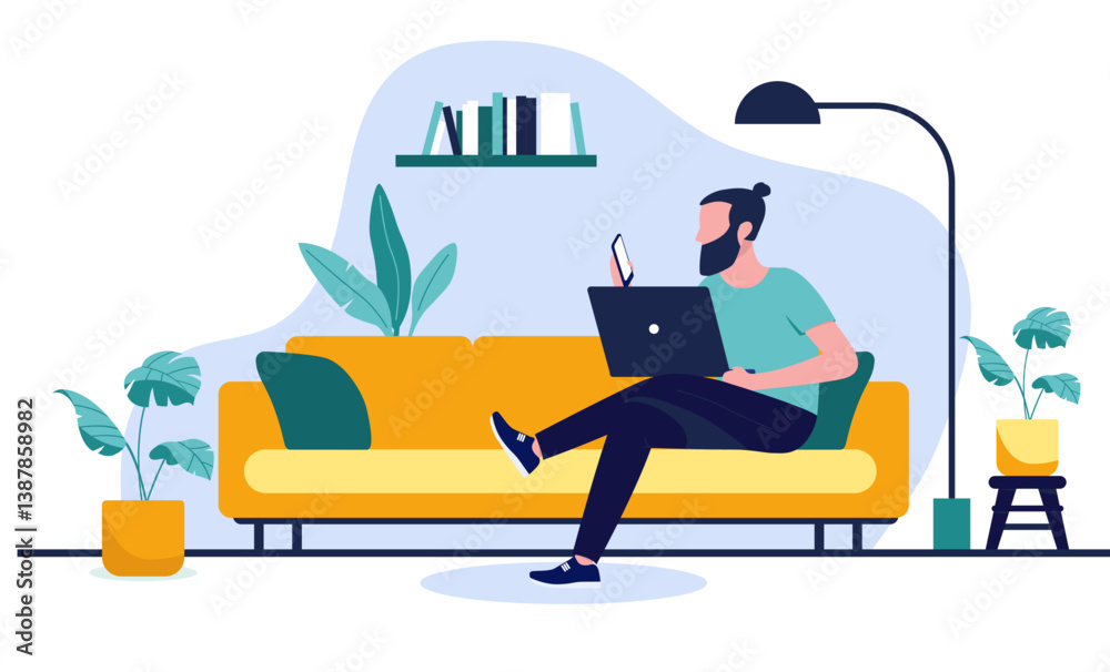 Leinwandbilder Man working on laptop and using phone at home - Person sitting in sofa or couch with computer and smartphone reading and surfing online while relaxing in living room. Flat design vector illustration