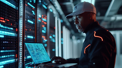 Technician Diagnosing Rack Servers in Modern Data Center