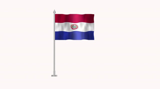 Flag of Paraguay, Pole flag of Paraguay on white screen, Paraguay 3D Animation flag waving in the wind isolated on white Background. 
