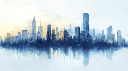 Fototapeta premium Stylized skyline of blue high rise buildings with serene reflection
