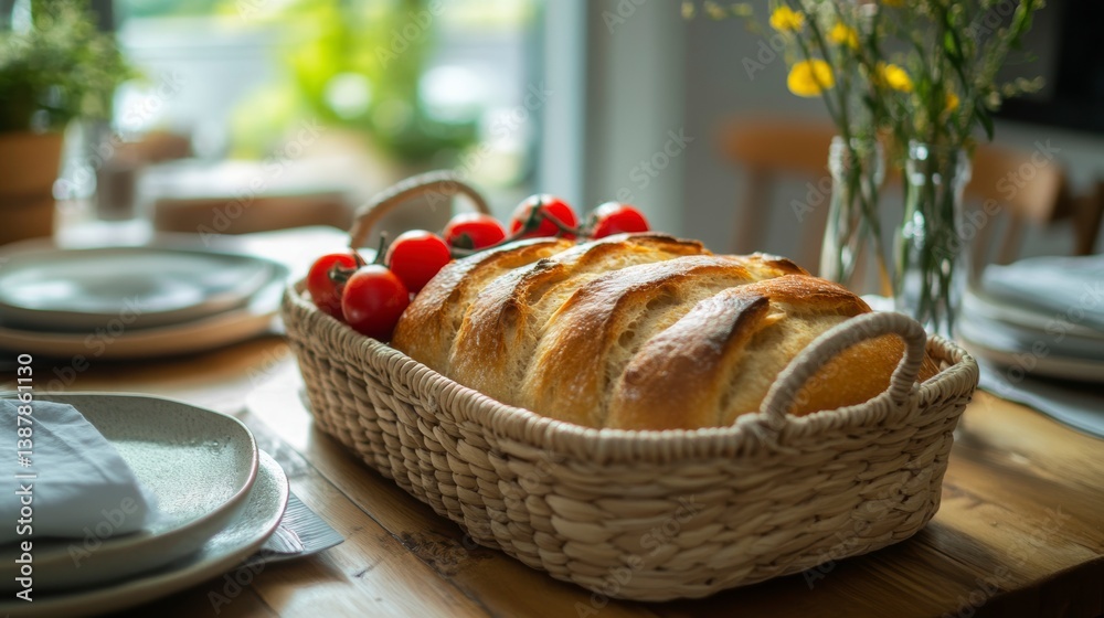 Poster freshly baked bread in a wicker basket on a dining table with cherry tomatoes and plates.