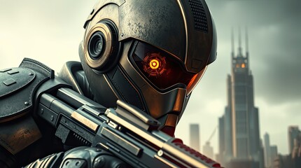Fototapeta premium Robotic soldier stands ready in a futuristic city showcasing advanced armor and weapons with a dramatic skyline hinting at a dystopian world