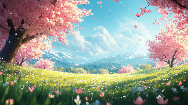 Illustration pink blue grass blooming tree sakura anime cartoon wallpaper screen saver background mountains landscape game clouds sky