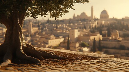 Fototapeta premium Olive Tree with Jerusalem Skyline Sunset.
