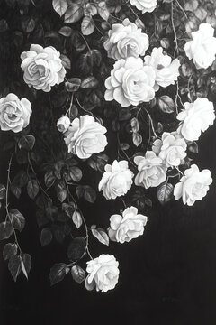 Rosas colgantes blancas en jard&iacute;n oscuro, ilustraci&oacute;n detallada con sombreado de carb&oacute;n y toques de &oacute;leo digital