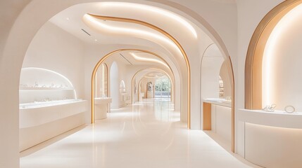 Fototapeta premium Elegant minimalist hallway with ambient lighting and smooth architecture. Perfect for luxury, design, and retail use.