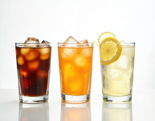 Three refreshing drinks, orange soda, lemonade with ice cubes. Transparent glasses with bubbles on a white background. Cold beverages for summer holidays. Ideal for advertising drink products.