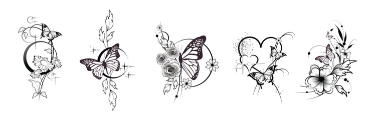 Butterflies and flowers graceful compositions set isolated on white background. Drawings collection for tattoo, card design, book pages, phone case, stickers, cups, bags, wall art, t-shirt printing.