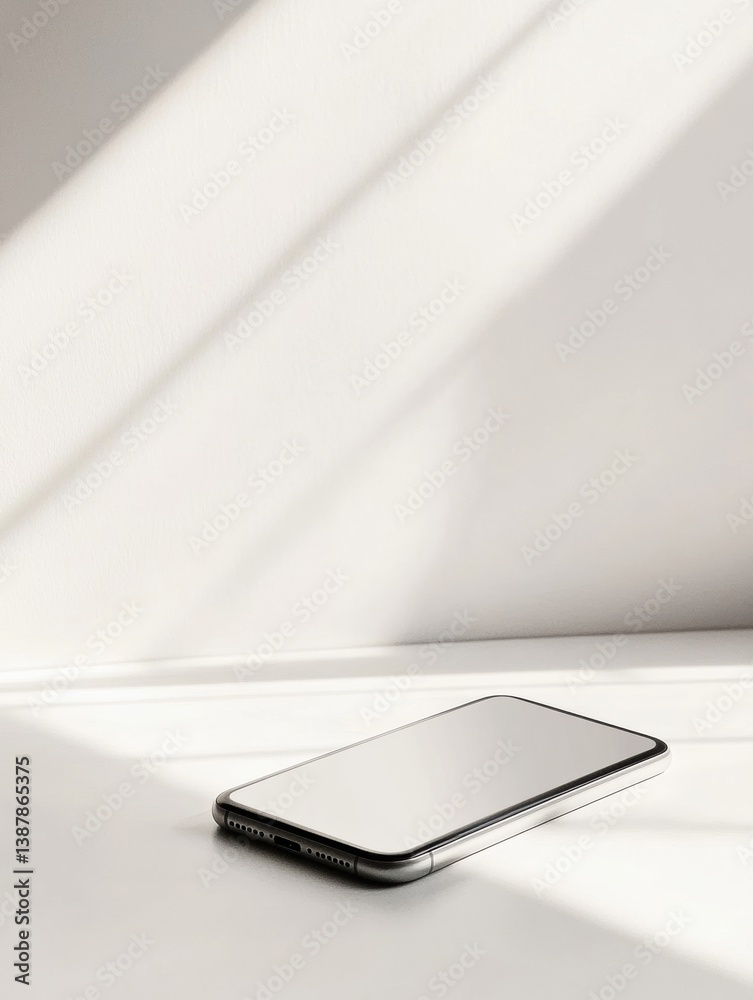 Poster modern smartphone resting on clean white surface with soft lighting in a minimalist aesthetic enviro