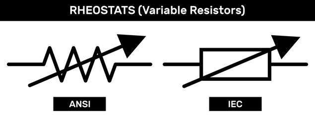 Rheostat or Variable Resistor Icon Set. ANSI or IEEE and IEC Standards Rheostats Schematic Diagram. Amercian and European Symbol Set of Variable Resistor or Rheostats