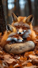 Red foxes resting in golden leaves high resolution picture