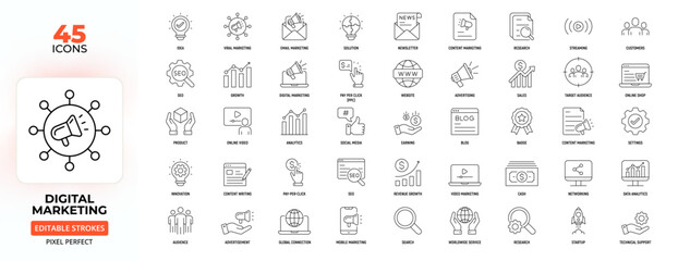Digital Marketing Line Icons – SEO, Content, Analytics, Advertising, Editable Stroke.