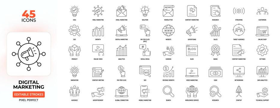 Digital Marketing Line Icons – SEO, Content, Analytics, Advertising, Editable Stroke.