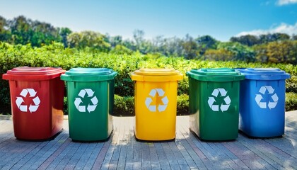 a colorful row of recycling bins for waste separation