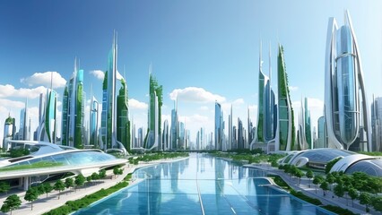 Obraz premium A digital rendering of a futuristic cityscape with skyscrapers