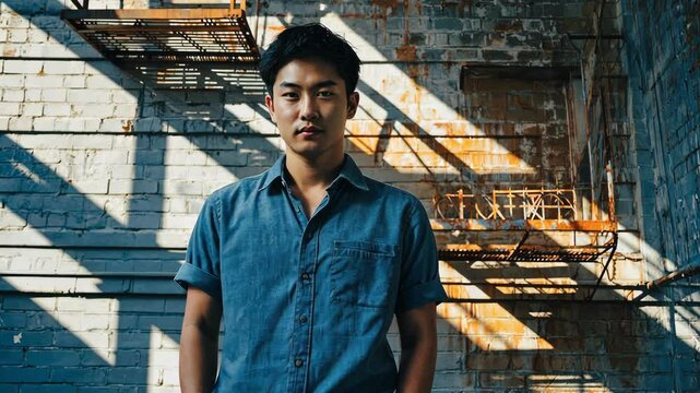 Young man in denim shirt standing against a brick wall with shadows of a rusty fire escape ladder on a sunny day.