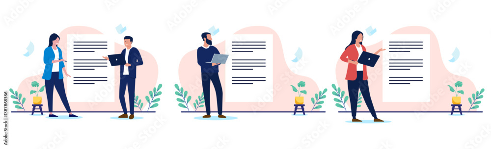 Poster Writing business text document vector collection - Set of illustrations with people working in communication as text writers and authors working on laptops with content and narrative for the press