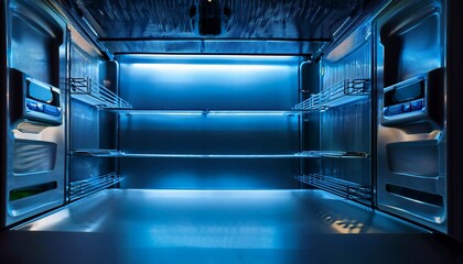 Fototapeta premium empty modern fridge with blue light illumination showcasing sleek stainless steel and minimalist interior design stainless steel empty modern fridge