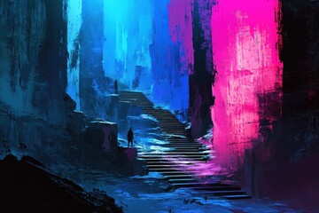 An abstract artwork features stairways and vibrant color gradients throughout