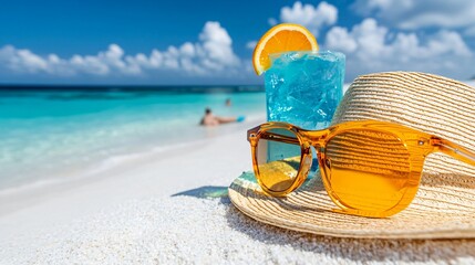 Tropical Beach Vacation Sunglasses Cocktail and Straw Hat on White Sand