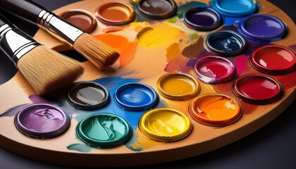 a painting palette with a variety of colors and brushes with ample copy space for text