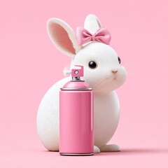 Cute Bunny with Pink Spray Can and Bow in a Playful Setup