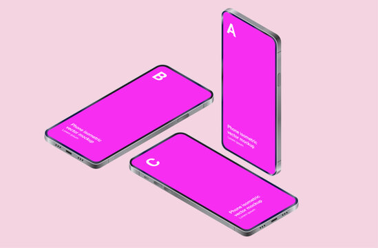 Isometric vector mobile phones mockup - Semi 3d perspective illustration template graphic of three unbranded smartphone screens in various positions in pink or lilac colour
