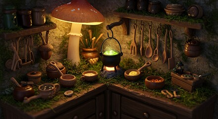 Charming Miniature Kitchen Scene with Magical Potion and Wooden Utensils