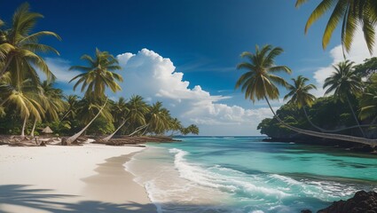 Fototapeta premium Tranquil Tropical Beach Sunset with Palm Trees and Sailboat - Serene Coastal Scene