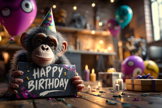 Lustiger Schimpanse mit Partyhut und Happy-Birthday-Schild bei Geburtstagsfeier drinnen
