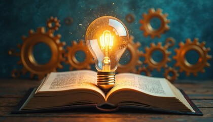 Glowing lightbulb emerges from open book. Gears, knowledge creativity, inspire innovation. Concept represents fusion of ideas, technology. Brainstorming, learning, education, understanding.