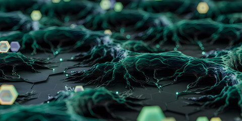 Abstract Green Tech Surface. Modern abstract background featuring glowing green organic lines and hexagonal tiles on a dark surface. Ideal for technology, science, or contemporary graphic design.