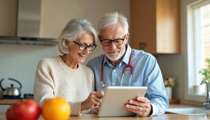 Senior couple consult with doctor using tablet. Telemedicine consultation, virtual healthcare appointment in bright kitchen interior. People look at screen with joy, learn new tips, share experience.