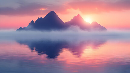 Fototapeta premium Pink And Orange Sunset Over Foggy Mountains Reflected In Calm Water